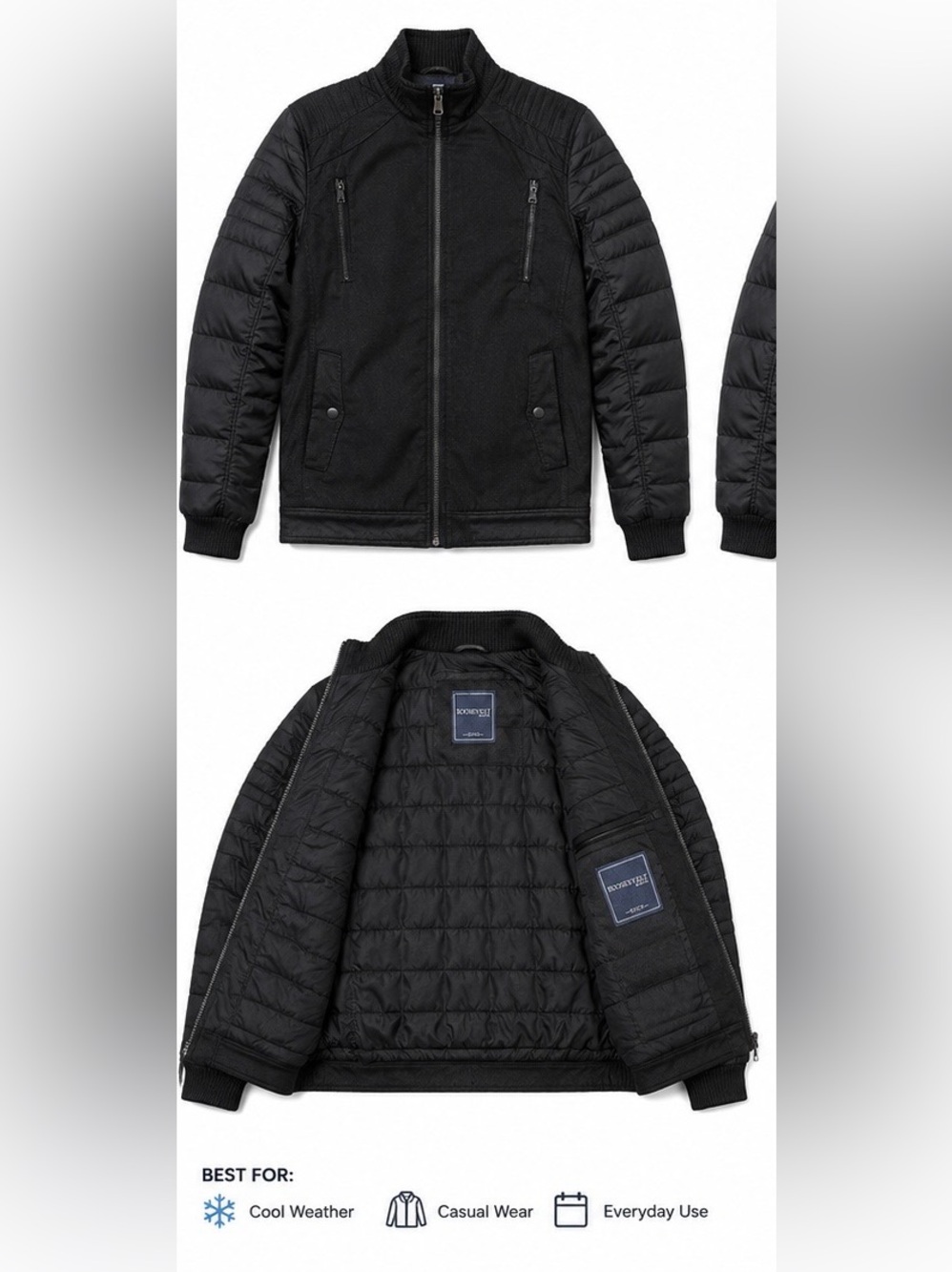 Men's Black Quilted Puffer Jacket with Zip Front